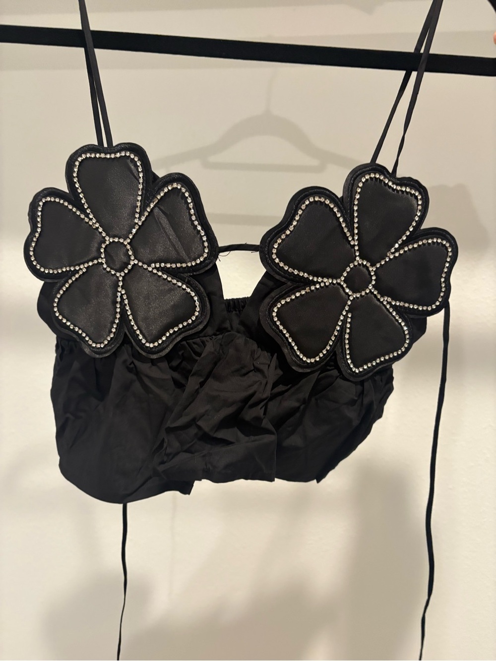 Black Floral Appliqué Halter Top with Beaded Trim